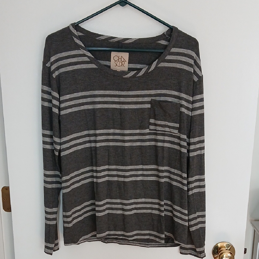 CHA SOR Striped Gray Long Sleeve Shirt, Size S